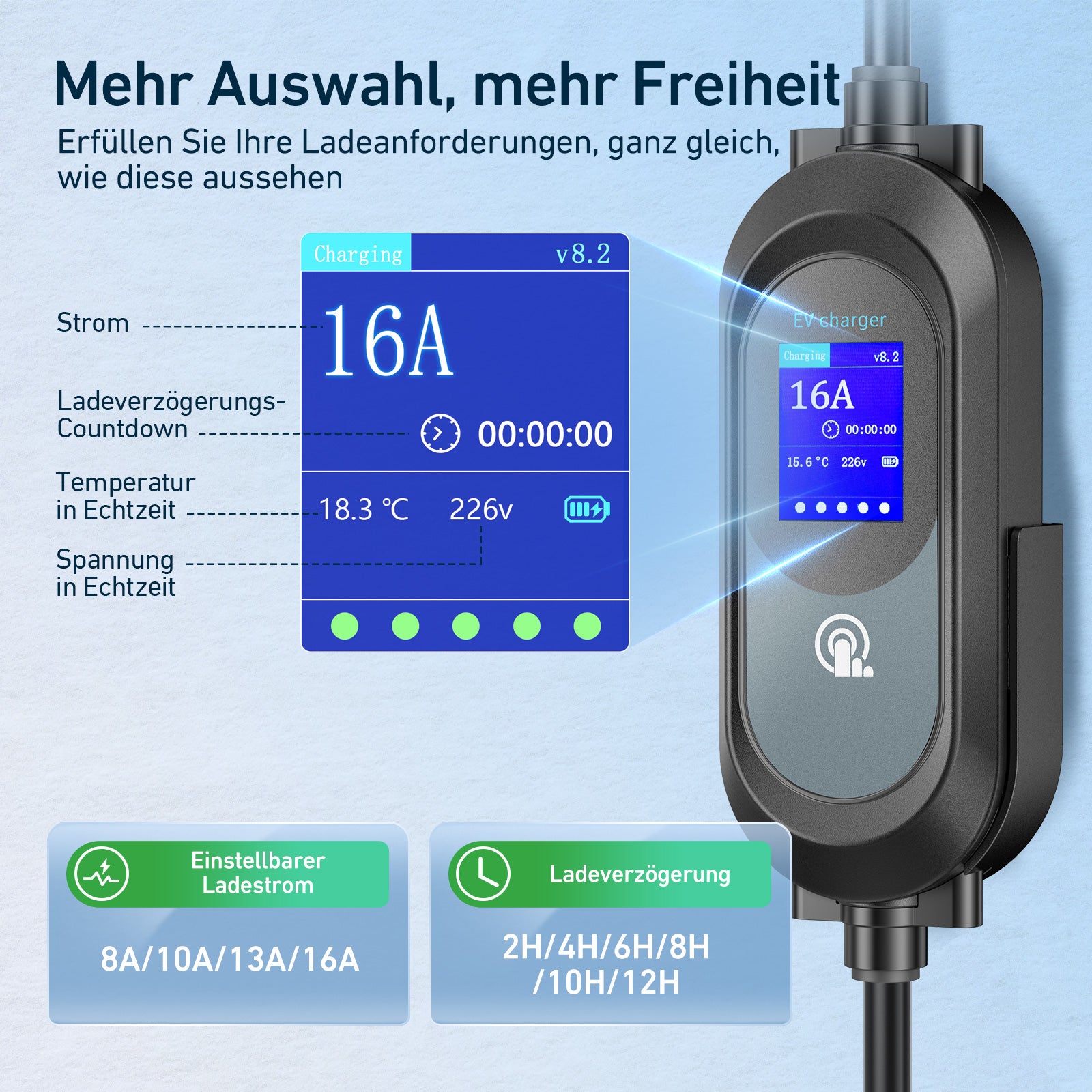 EVJUICION Ladekabel Elektroauto Typ 2 Schuko 3,68kW,ladekabel typ 2 schuko mit Ständer, 8-16A Einstellbare elektrischer Strom,Zeitgesteuertes Laden,Typ 2 Ladekabel Schuko mit Tragetasche