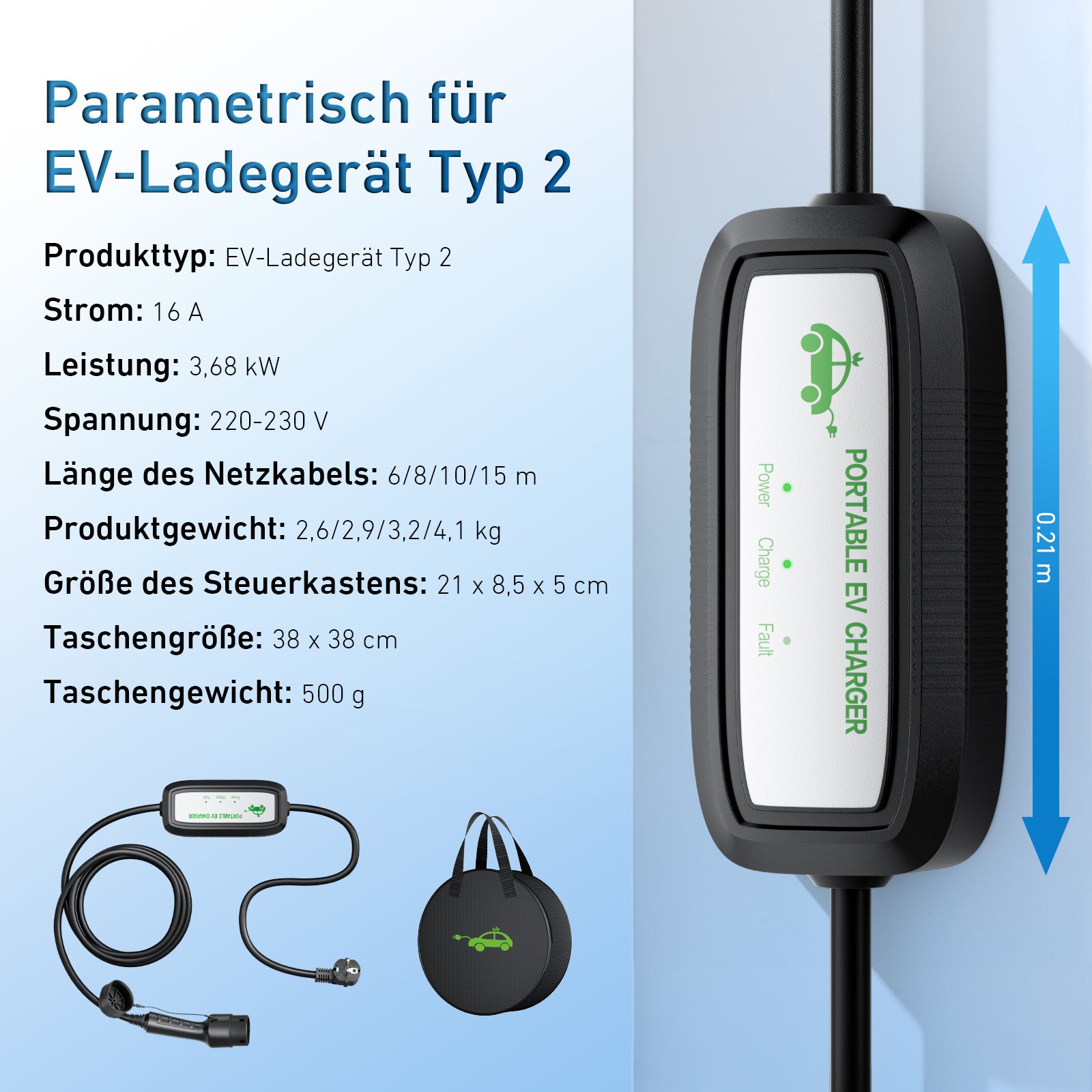 EVJUICION Ladekabel Elektroauto Typ 2 Schuko,EV Ladegerät Typ 2 Ladekabel Schuko 3.6KW schnell,tragbar 16A Elektroauto-Ladegeräte mit LED-Kontrollleuchte,Ladekabel Typ 2 Schuko,mit Tragetasche