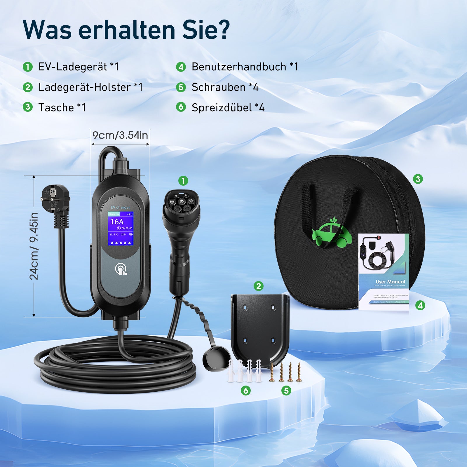EVJUICION Ladekabel Elektroauto Typ 2 Schuko 3,68kW,ladekabel typ 2 schuko mit Ständer, 8-16A Einstellbare elektrischer Strom,Zeitgesteuertes Laden,Typ 2 Ladekabel Schuko mit Tragetasche
