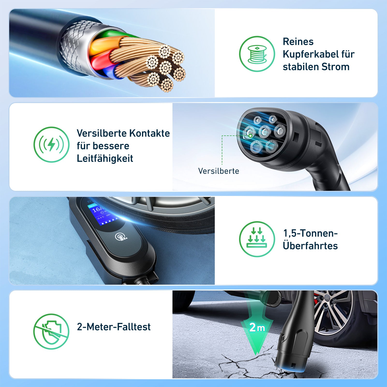 EVJUICION Ladekabel Elektroauto Typ 2 Schuko 3,68kW,ladekabel typ 2 schuko mit Ständer, 8-16A Einstellbare elektrischer Strom,Zeitgesteuertes Laden,Typ 2 Ladekabel Schuko mit Tragetasche