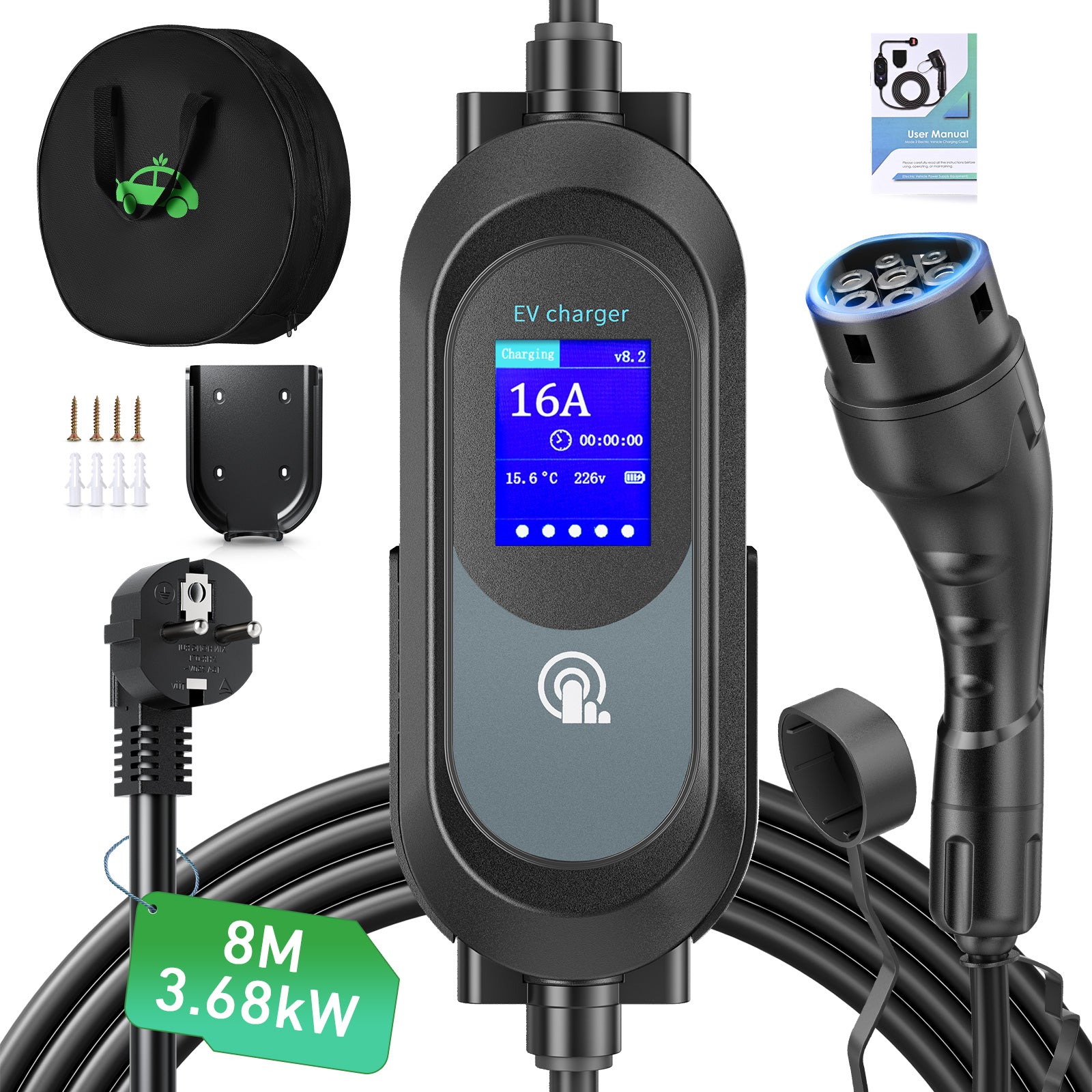 EVJUICION Ladekabel Elektroauto Typ 2 Schuko 3,68kW,ladekabel typ 2 schuko mit Ständer, 8-16A Einstellbare elektrischer Strom,Zeitgesteuertes Laden,Typ 2 Ladekabel Schuko mit Tragetasche