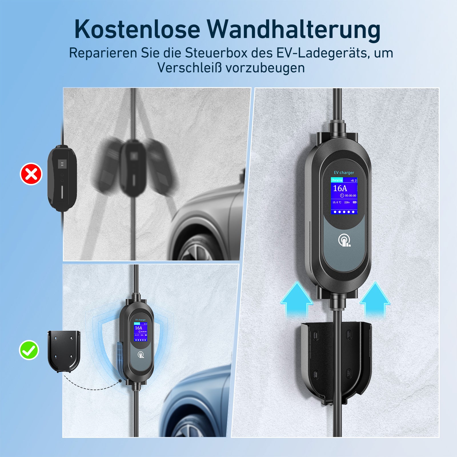 EVJUICION Ladekabel Elektroauto Typ 2 Schuko 3,68kW,ladekabel typ 2 schuko mit Ständer, 8-16A Einstellbare elektrischer Strom,Zeitgesteuertes Laden,Typ 2 Ladekabel Schuko mit Tragetasche
