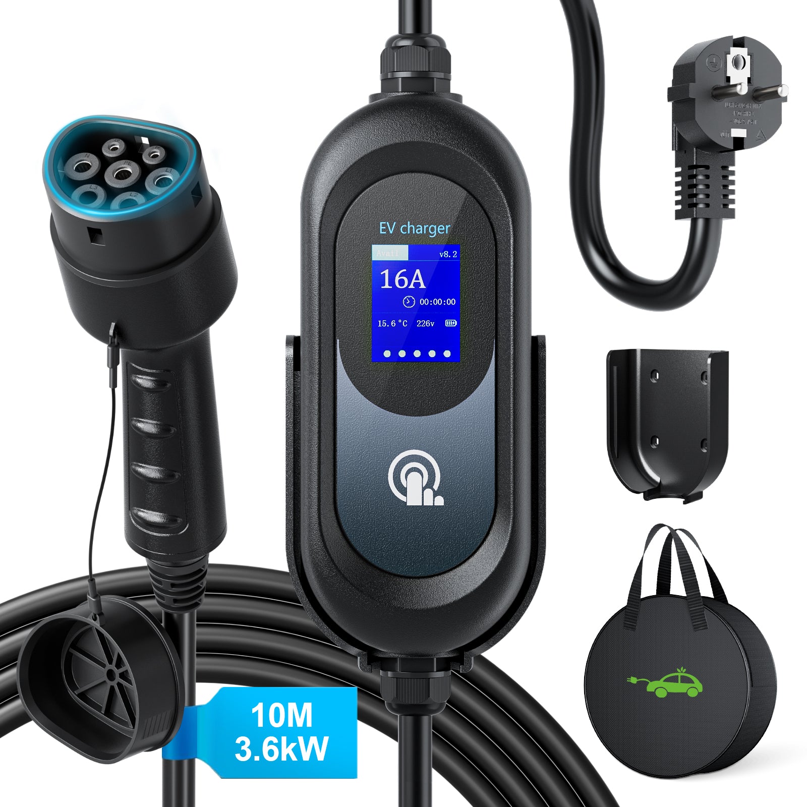EVJUICION 10 Meter Ladekabel Elektroauto Typ 2 Schuko, 8/10/13/16 A, 3,6 kW Programmiertes Typ 2 Ladekabel mit Digitalanzeige und Wandhalterung, Mobile Wallbox Tragbar EV Ladegerät mit Tasche