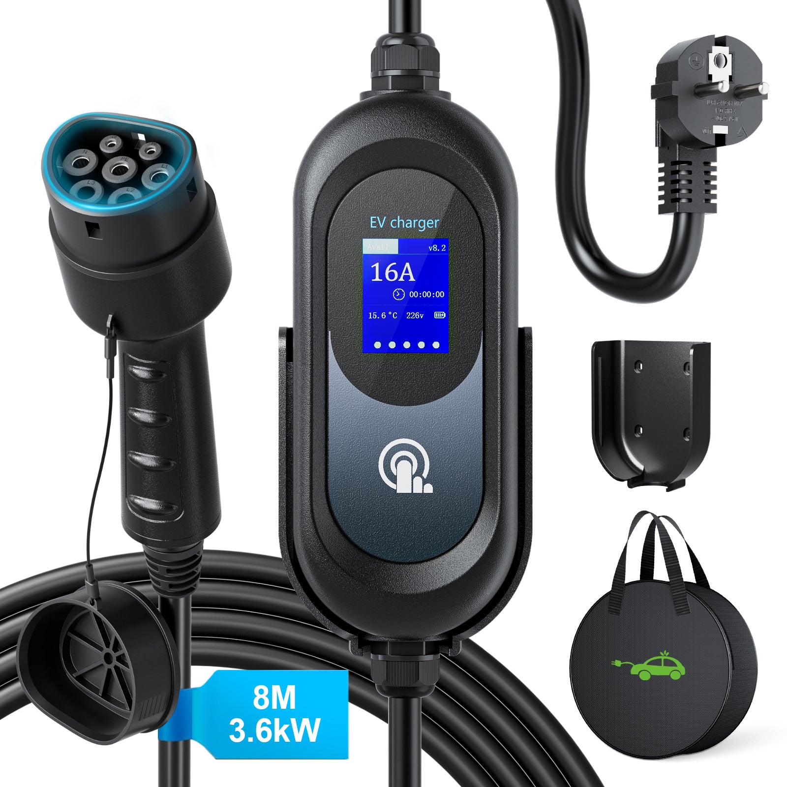 EVJUICION Ladekabel Elektroauto Typ 2 Schuko 8 Meter, 8/10/13/16 A, 3,6 kW Programmiertes Typ 2 Ladekabel mit Digitalanzeige und Wandhalterung, Mobile Wallbox Tragbar EV Ladegerät mit Tasche