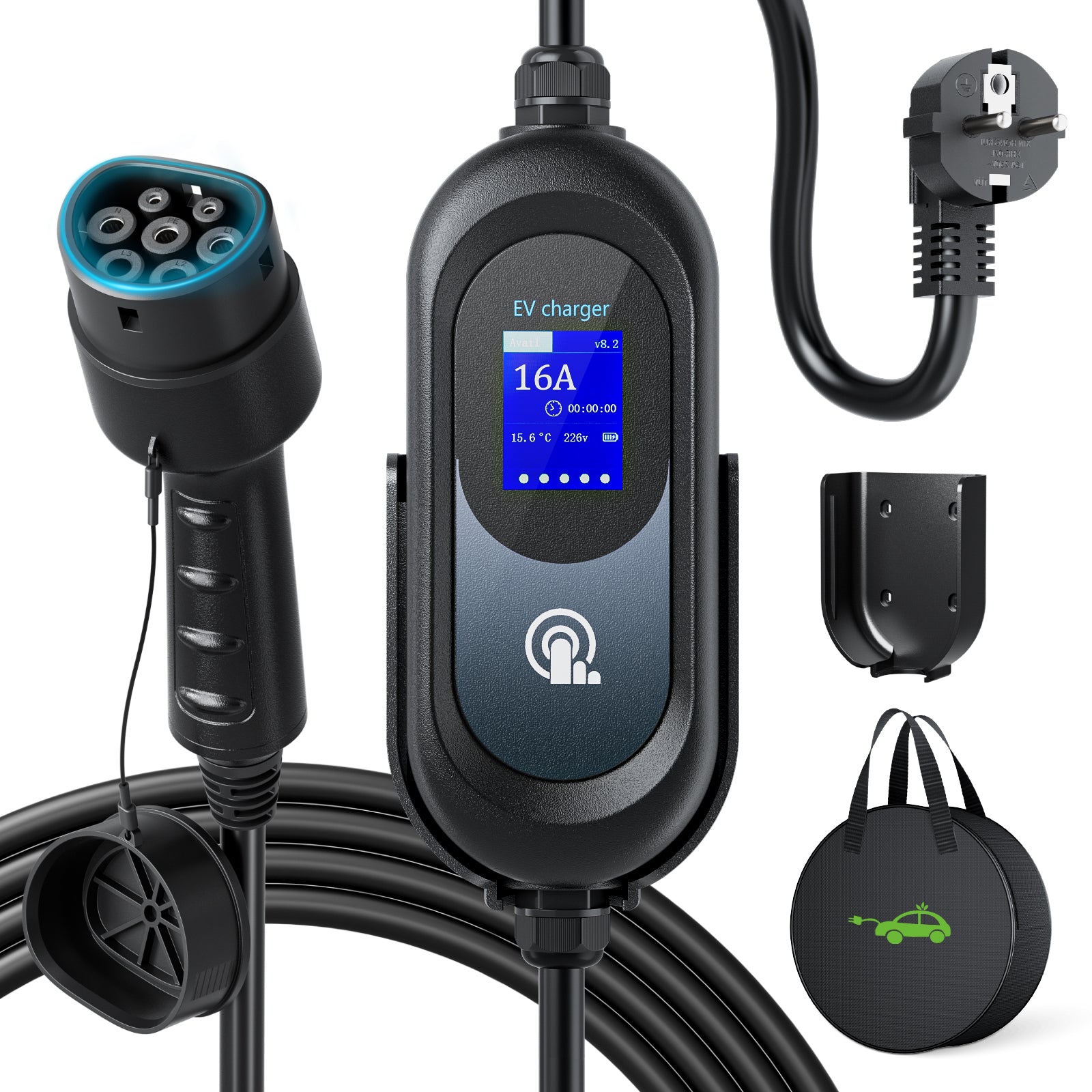 EVJUICION Ladekabel Elektroauto Typ 2 Schuko 6 Meter, 3,6 kW Typ 2 Ladekabel mit Digitalem 8/10/13/16A Programmierbar, Mobile Wallbox Tragbar EV Charger Ladegerät mit Kabelhalter und Tasche