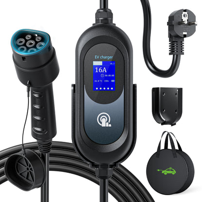 EVJUICION Ladekabel Elektroauto Typ 2 Schuko 6 Meter, 3,6 kW Typ 2 Ladekabel mit Digitalem 8/10/13/16A Programmierbar, Mobile Wallbox Tragbar EV Charger Ladegerät mit Kabelhalter und Tasche
