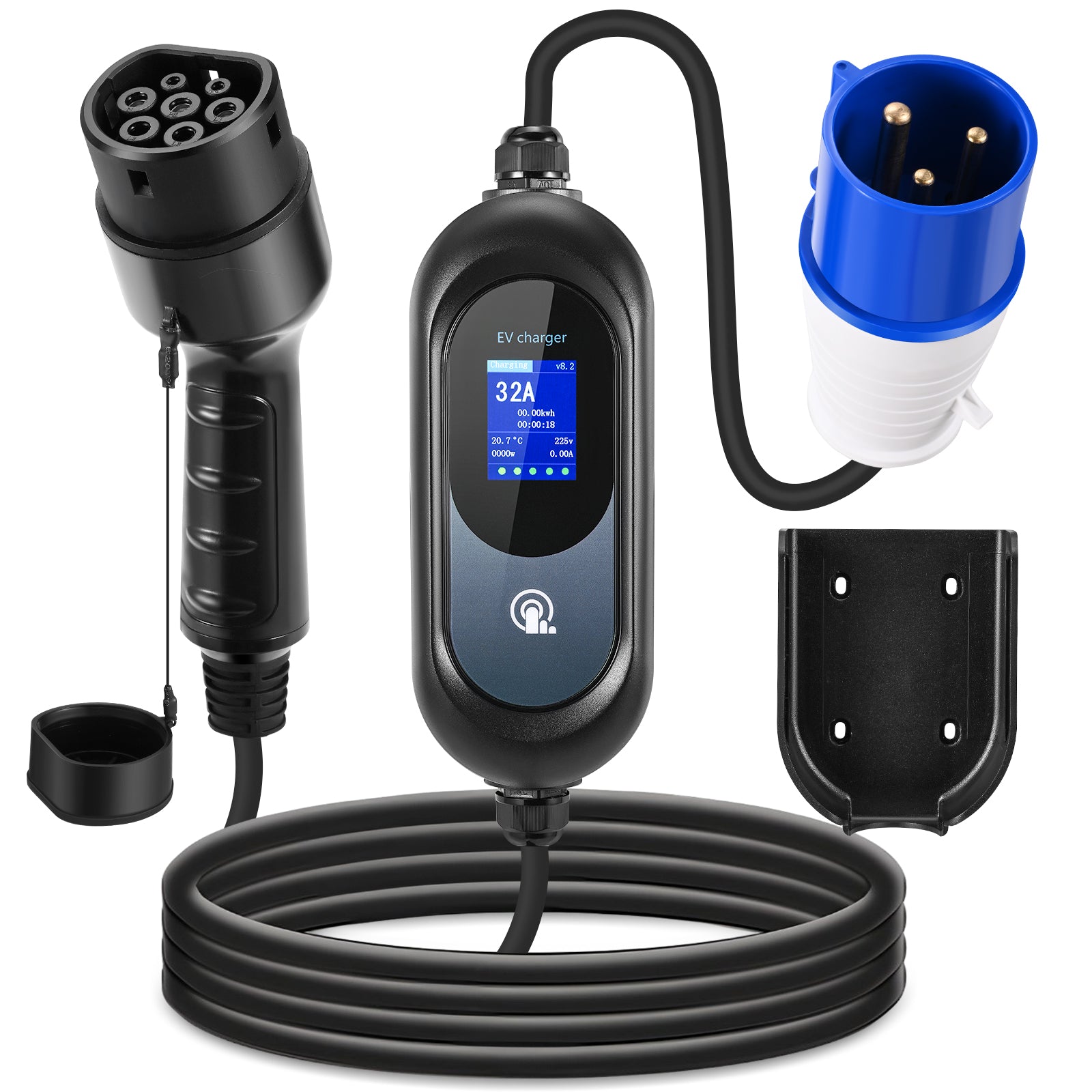 EVJUICION Ladekabel Elektroauto Typ 2 Schuko, Ladekabel CEE 32A Auf Typ 2 [7kW | 8-32A | 0-12H | LED Digitalanzeige] EV Ladegerät Tragbar mit Wandkonsole und Tasche, 1-phasig EV Charger (Schwarz, 6m)