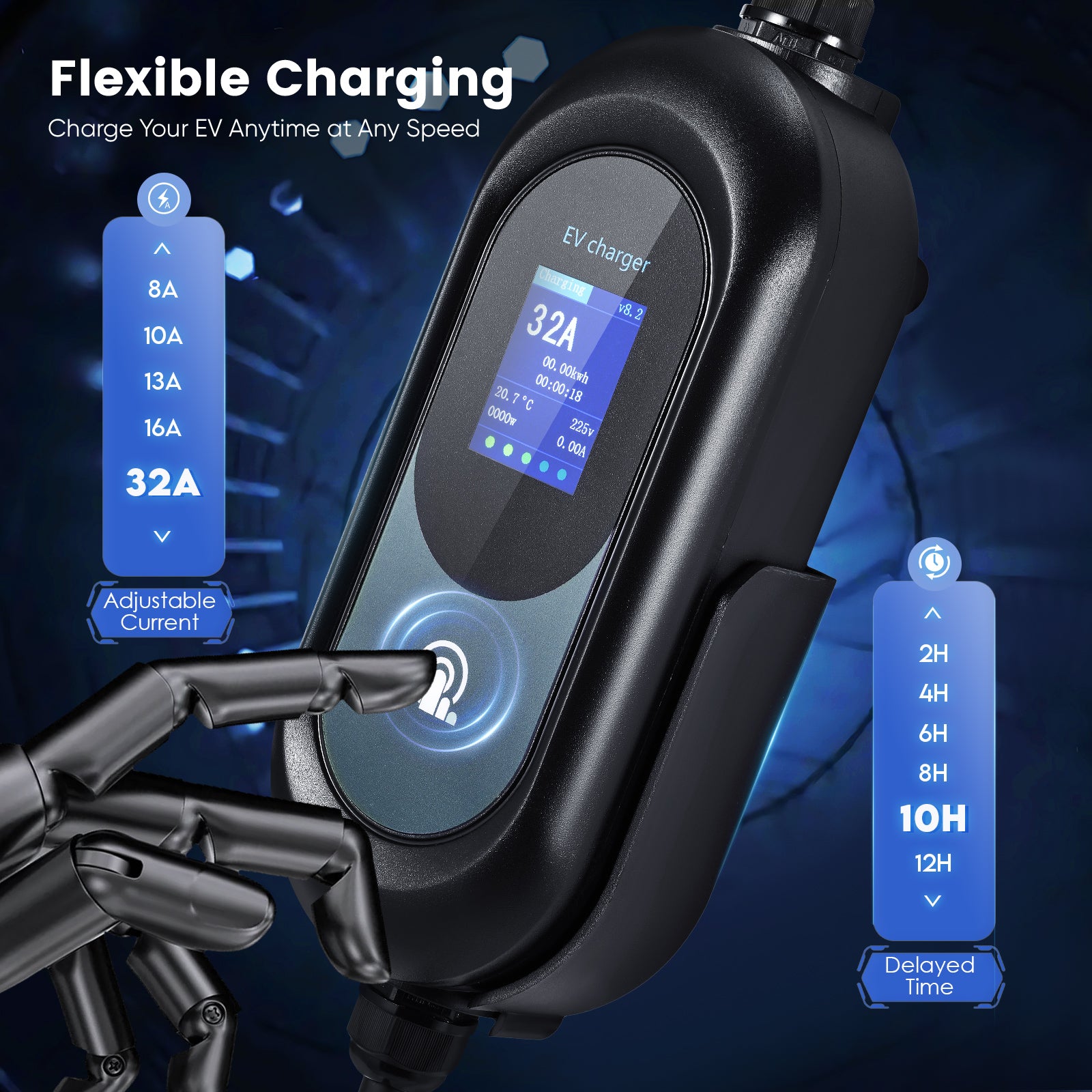 EVJUICION Ladekabel Elektroauto Typ 2 Schuko, Ladekabel CEE 32A Auf Typ 2 [7kW | 8-32A | 0-12H | LED Digitalanzeige] EV Ladegerät Tragbar mit Wandkonsole und Tasche, 1-phasig EV Charger (Schwarz, 6m)