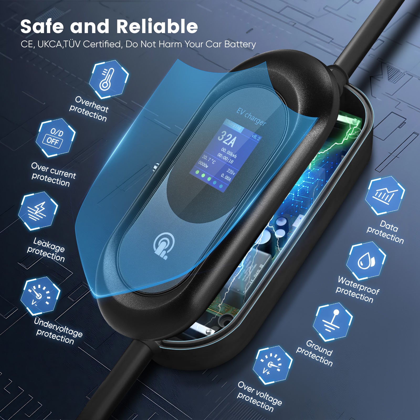 EVJUICION Ladekabel Elektroauto Typ 2 Schuko, Ladekabel CEE 32A Auf Typ 2 [7kW | 8-32A | 0-12H | LED Digitalanzeige] EV Ladegerät Tragbar mit Wandkonsole und Tasche, 1-phasig EV Charger (Schwarz, 6m)