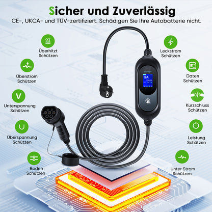 EVJUICION Ladekabel Elektroauto Typ 2 Schuko 6 Meter, 3,6 kW Typ 2 Ladekabel mit Digitalem 8/10/13/16A Programmierbar, Mobile Wallbox Tragbar EV Charger Ladegerät mit Kabelhalter und Tasche