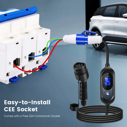 EVJUICION Ladekabel Elektroauto Typ 2 Schuko, Ladekabel CEE 32A Auf Typ 2 [7kW | 8-32A | 0-12H | LED Digitalanzeige] EV Ladegerät Tragbar mit Wandkonsole und Tasche, 1-phasig EV Charger (Schwarz, 6m)