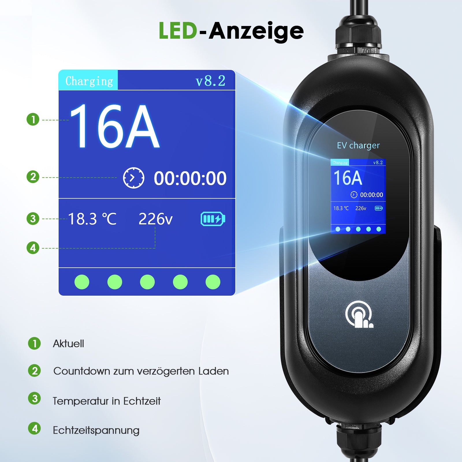 EVJUICION 10 Meter Ladekabel Elektroauto Typ 2 Schuko, 8/10/13/16 A, 3,6 kW Programmiertes Typ 2 Ladekabel mit Digitalanzeige und Wandhalterung, Mobile Wallbox Tragbar EV Ladegerät mit Tasche