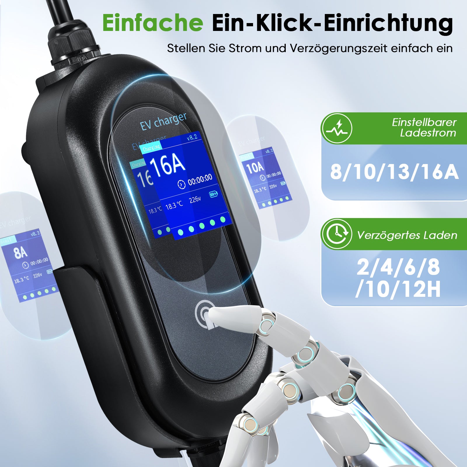 EVJUICION 10 Meter Ladekabel Elektroauto Typ 2 Schuko, 8/10/13/16 A, 3,6 kW Programmiertes Typ 2 Ladekabel mit Digitalanzeige und Wandhalterung, Mobile Wallbox Tragbar EV Ladegerät mit Tasche
