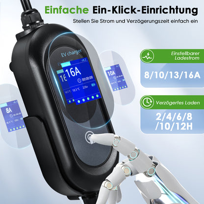 EVJUICION Ladekabel Elektroauto Typ 2 Schuko 6 Meter, 3,6 kW Typ 2 Ladekabel mit Digitalem 8/10/13/16A Programmierbar, Mobile Wallbox Tragbar EV Charger Ladegerät mit Kabelhalter und Tasche