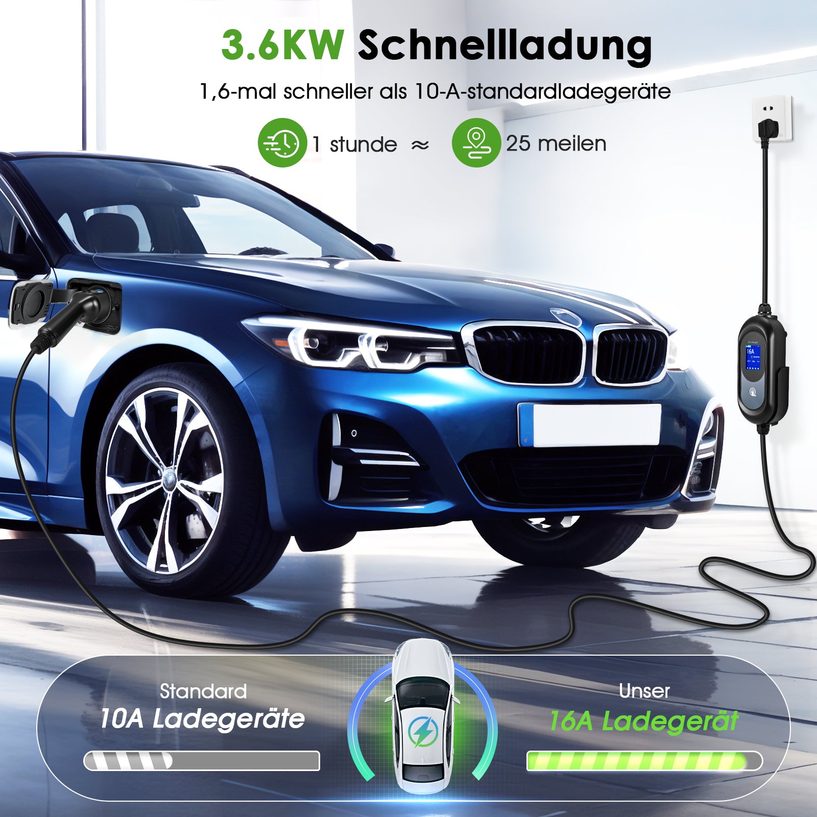 EVJUICION 10 Meter Ladekabel Elektroauto Typ 2 Schuko, 8/10/13/16 A, 3,6 kW Programmiertes Typ 2 Ladekabel mit Digitalanzeige und Wandhalterung, Mobile Wallbox Tragbar EV Ladegerät mit Tasche