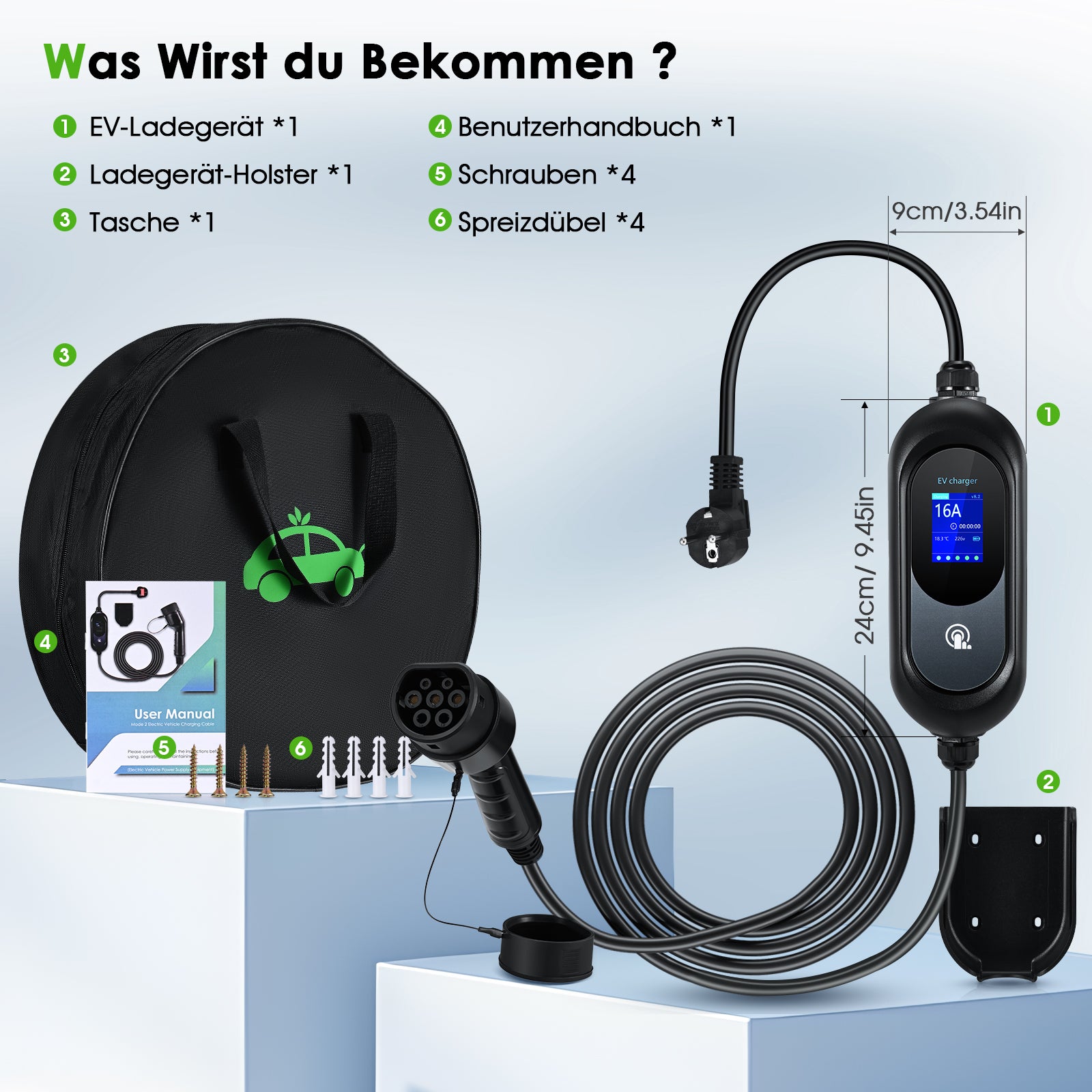 EVJUICION Ladekabel Elektroauto Typ 2 Schuko 6 Meter, 3,6 kW Typ 2 Ladekabel mit Digitalem 8/10/13/16A Programmierbar, Mobile Wallbox Tragbar EV Charger Ladegerät mit Kabelhalter und Tasche
