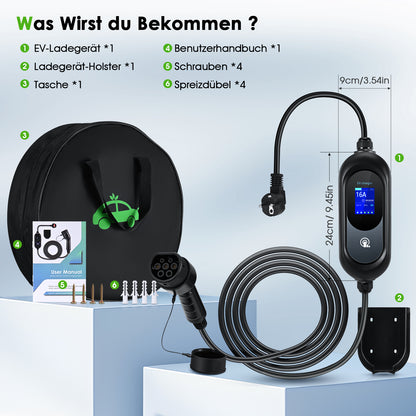EVJUICION Ladekabel Elektroauto Typ 2 Schuko 6 Meter, 3,6 kW Typ 2 Ladekabel mit Digitalem 8/10/13/16A Programmierbar, Mobile Wallbox Tragbar EV Charger Ladegerät mit Kabelhalter und Tasche