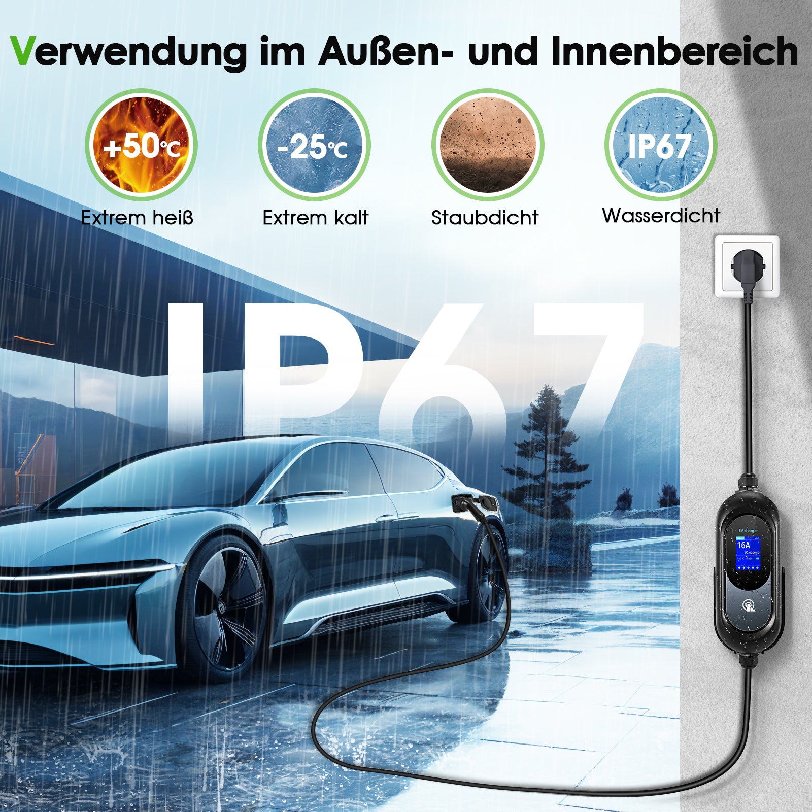 EVJUICION Ladekabel Elektroauto Typ 2 Schuko 6 Meter, 3,6 kW Typ 2 Ladekabel mit Digitalem 8/10/13/16A Programmierbar, Mobile Wallbox Tragbar EV Charger Ladegerät mit Kabelhalter und Tasche