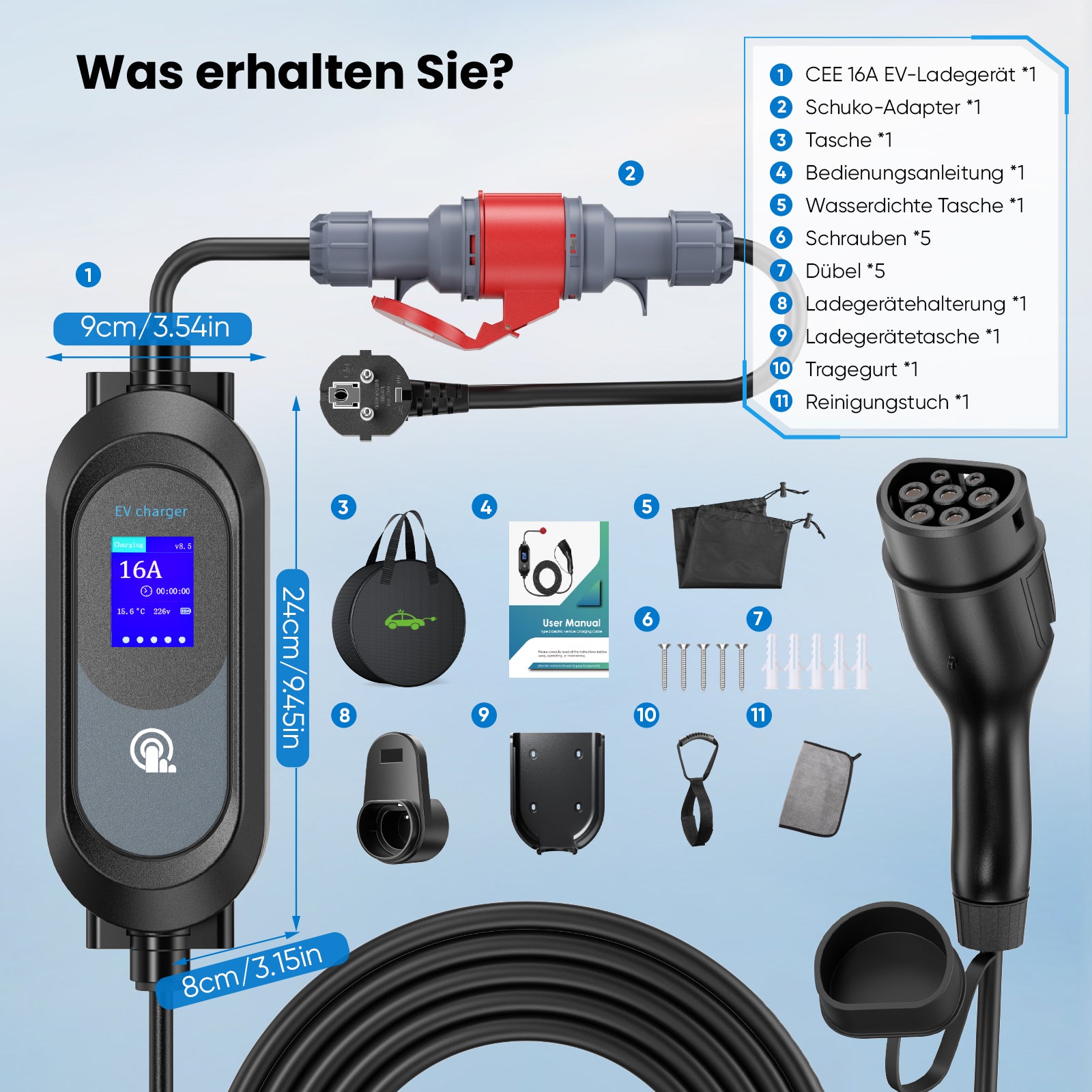 EVJUICION Mobile Wallbox 11kw ladegerät typ 2,[6m,3-Phasig] Ladekabel typ 2 CEE Stecker,6-16A EV Ladegerät Typ 2 Ladekabel Schuko,EV-Ladegerät und Mobile Ladestation,Zeitgesteuerte Aufladung